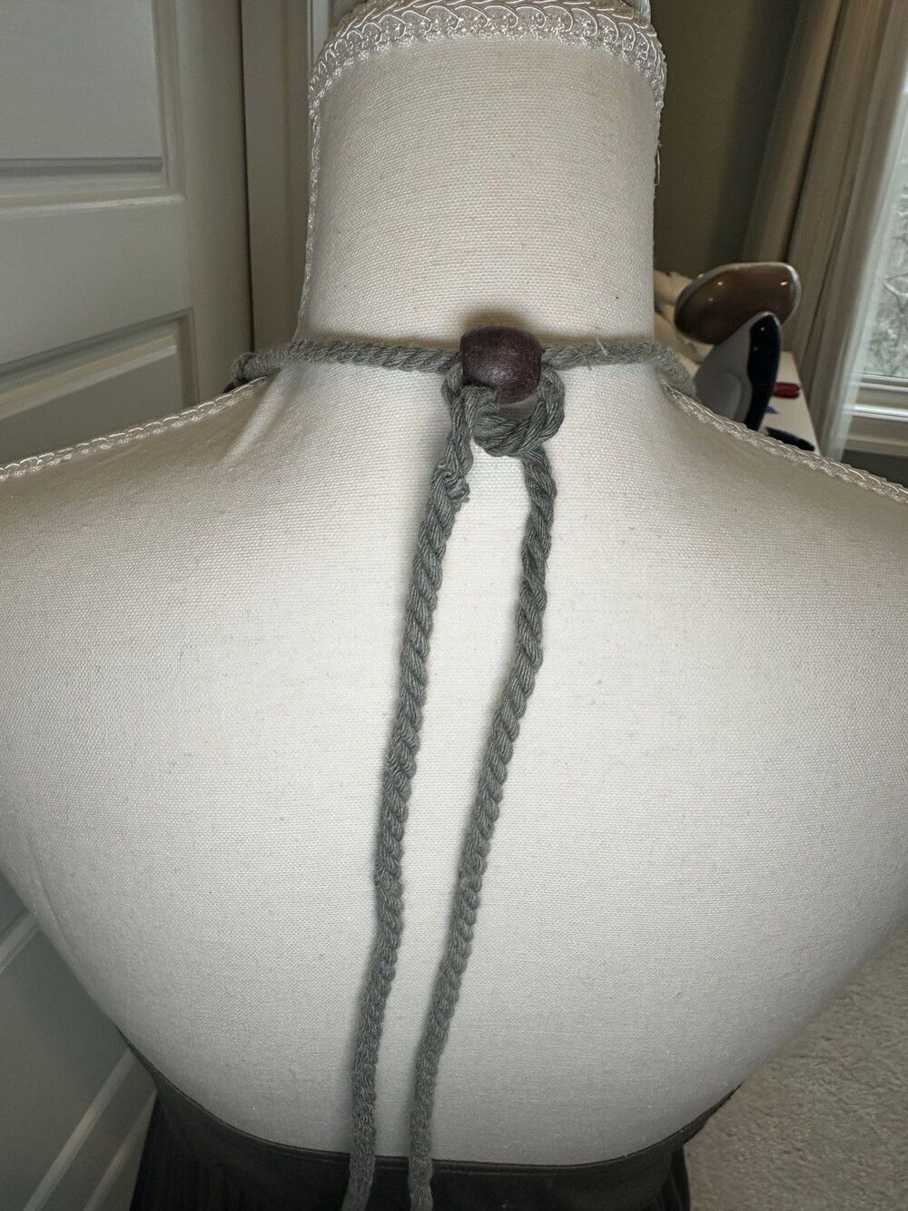 Olive Green Beaded Halter Maxi Dress – Boho Tribal Wood Bead Neckline – Size S - Picture 6 of 7